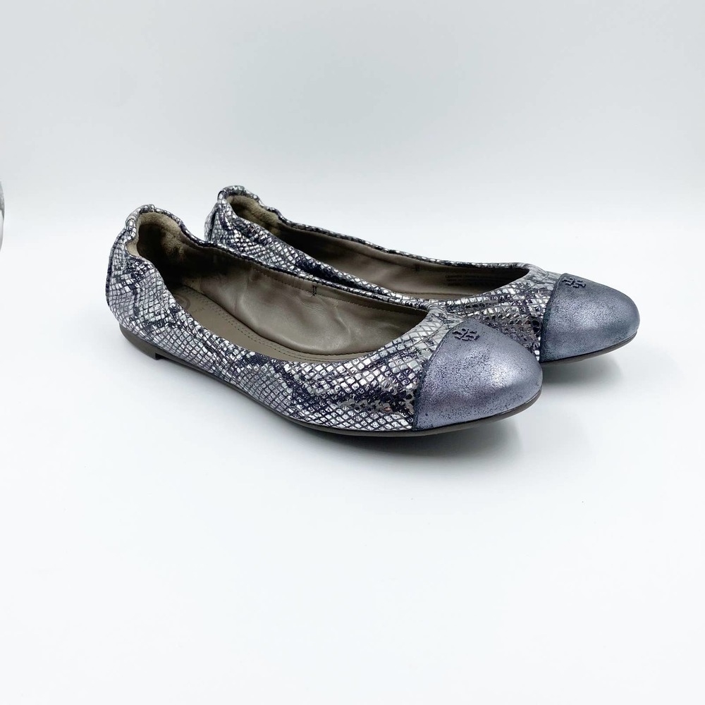 Tory Burch York Ballet Flat Silver Gray Metallic Snake Skin 41158526 Size US 7